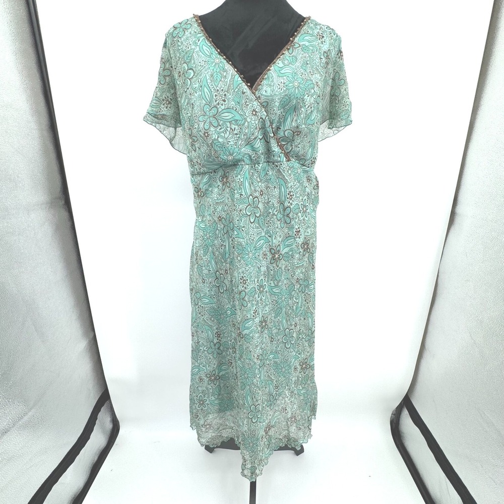 Vintage Y2K Baby Doll Dress Womens 18W Empire Waist Faux Wrap Floral Print  Bead
